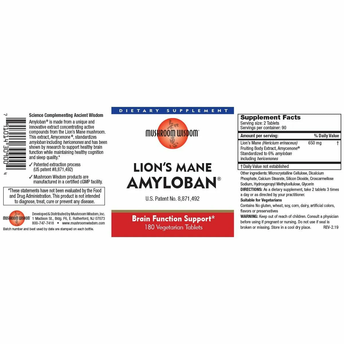 Lion's Mane Amyloban 180 vegtabs by Mushroom Wisdom. Inc.