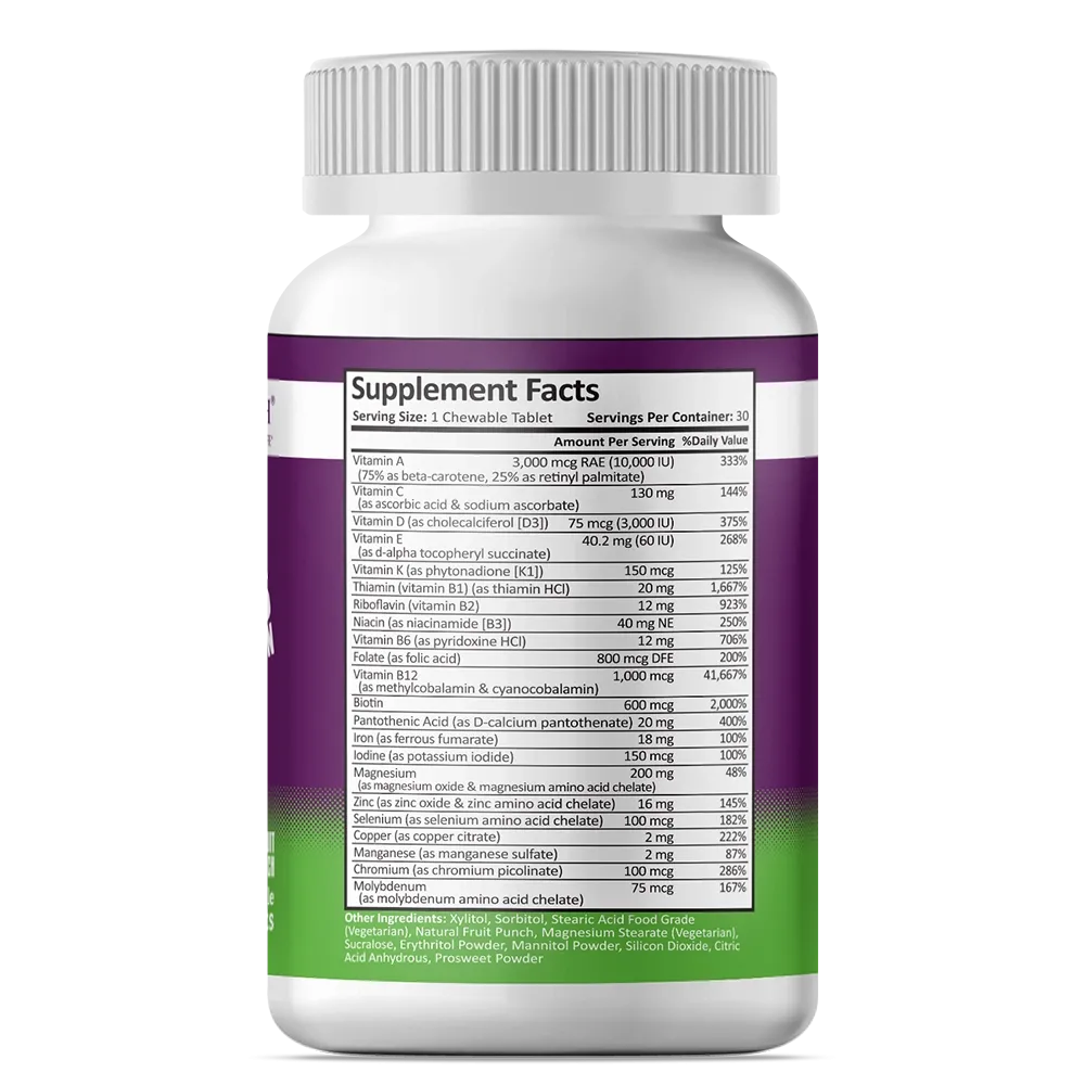 Multivitamin | 18mg Iron | Dye-Free Chewable | Fruit Punch