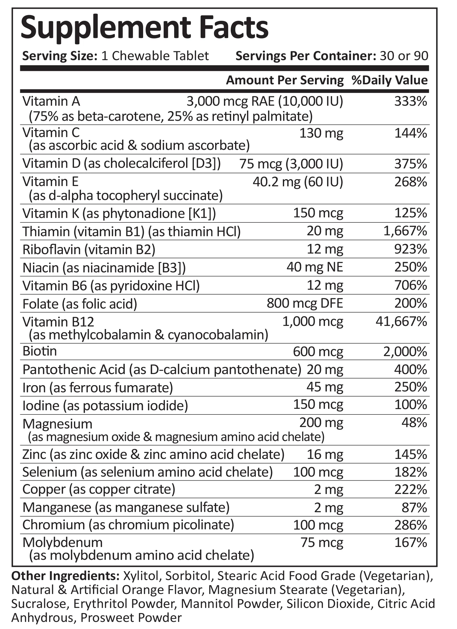 Multivitamin | 45mg Iron | Dye-Free Chewable | Orange