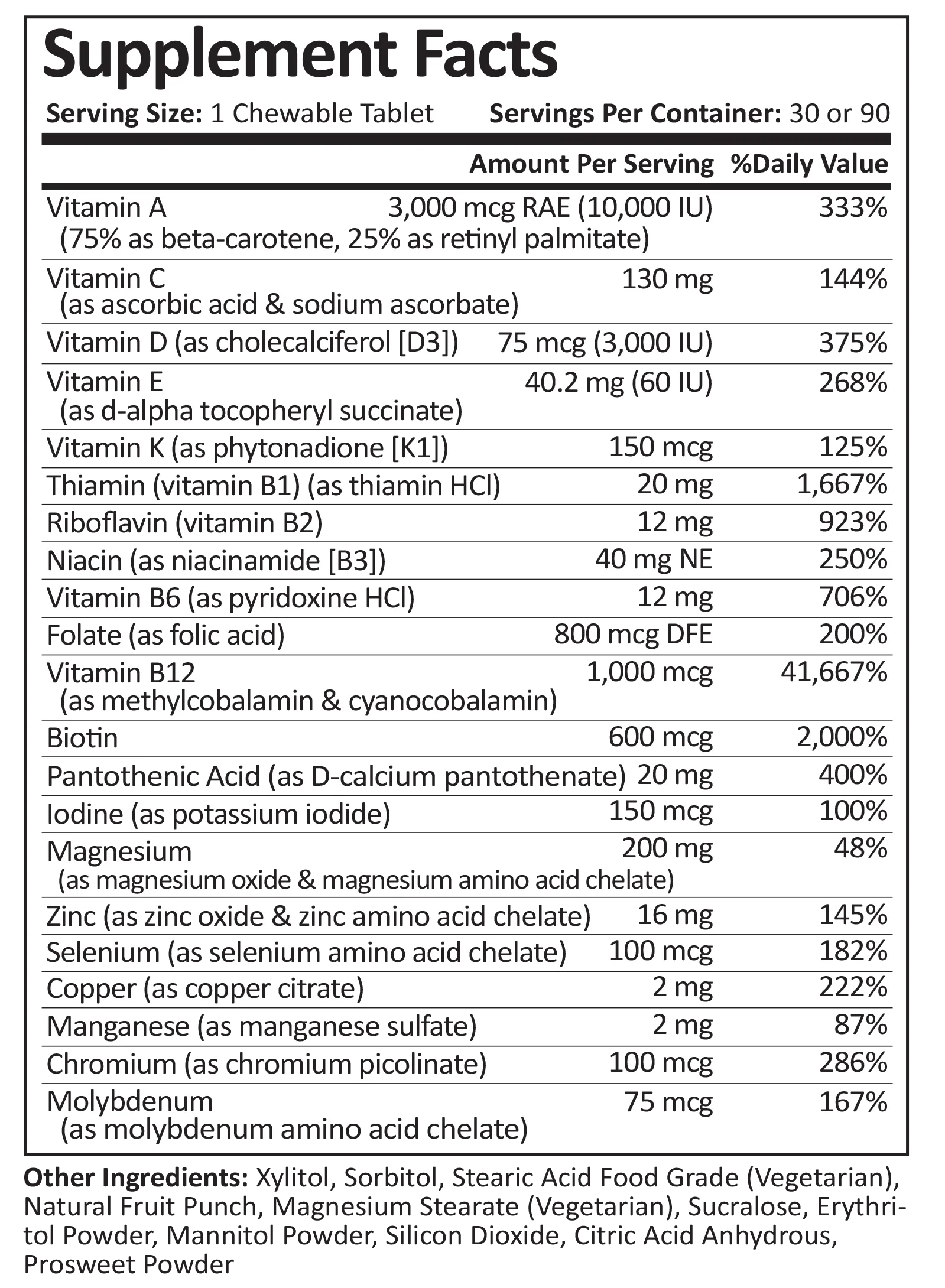 Multivitamin | Iron Free | Dye-Free Chewable | Fruit Punch