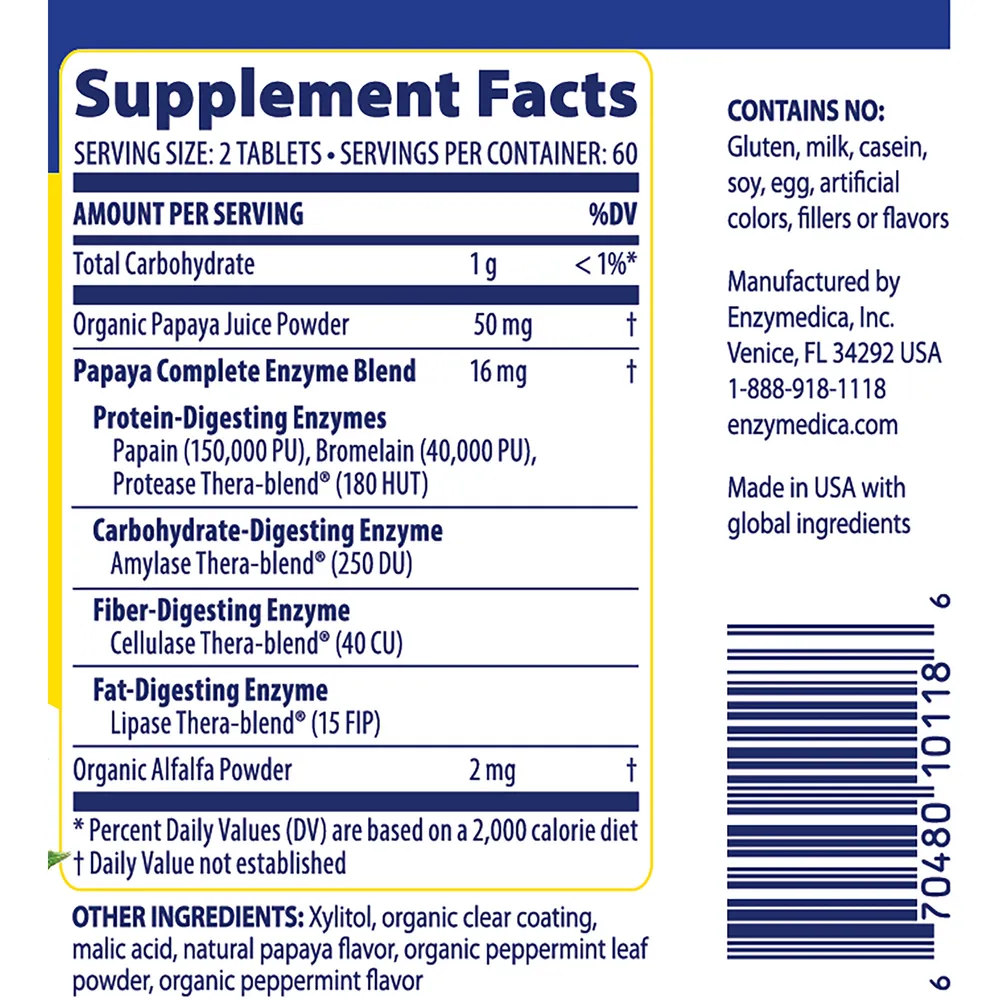 Papaya Complete Daily Digestive Enzymes 120 tablets by Enzymedica